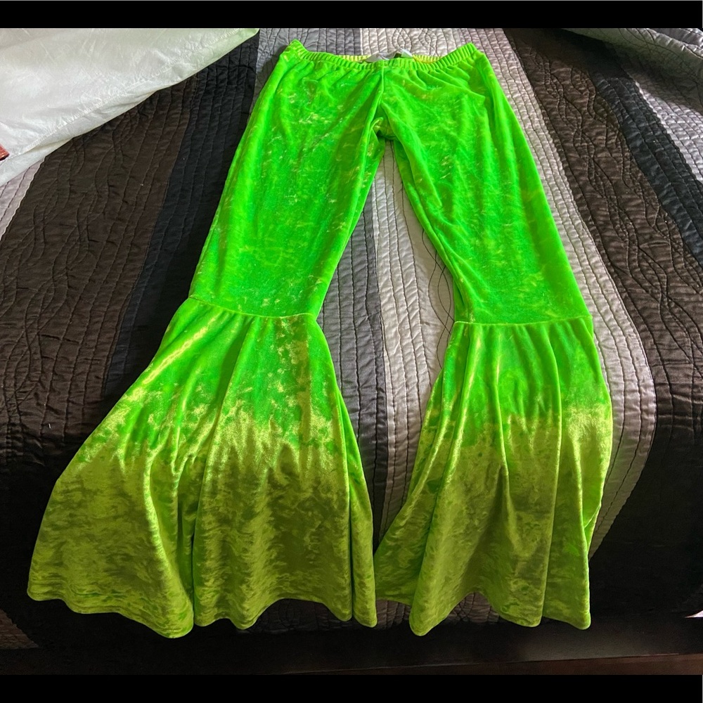 Neon green velvet stretchy disco flares